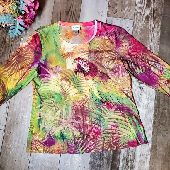 CHICO'S Tropical Paradise Parrot Rhinestone Sparkle 3/4 Sleeve Blouse Size 0 EUC - Picture 11 of 16